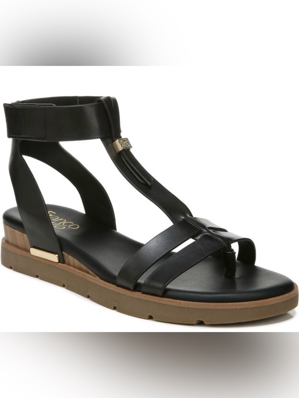 Franco Sarto Black Leather Strappy T-Toe Sandal with Tan Platform